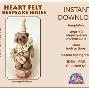 May include: A needle felting pattern for an old bear and a little bear wearing a party hat. The pattern includes over 60 step-by-step photographs, clear instructions, and needle felting tips. The pattern is called "Heart Felt Keepsake Series: Old Bear and Little Ted".