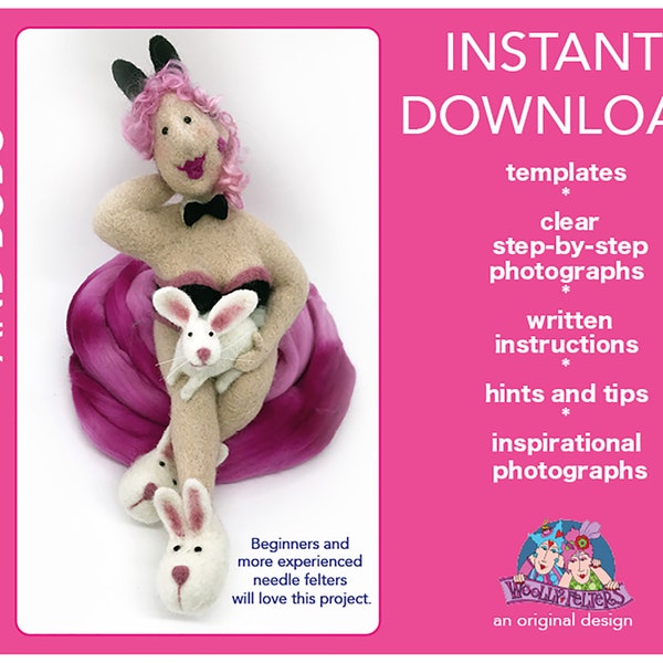 Needle felting tutorial, Funny Bunny Girl, needle felting templates, needle felted doll, needle felted bunny templates, needle felted bunny