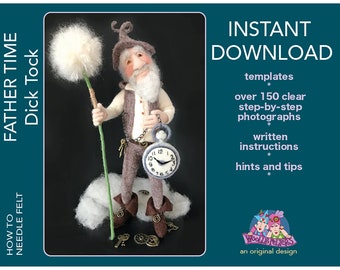 Needle felting tutorial, needle felted doll, father time, needle felting pattern, Woolly Felters, Judy Balchin