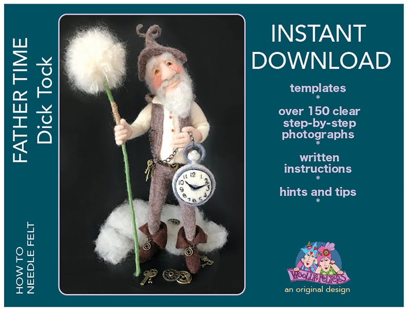 Needle felting tutorial, needle felted doll, father time, needle felting pattern, Woolly Felters, Judy Balchin image 1