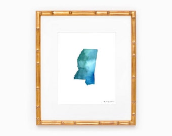 Mississippi State Silhouette - Heart at Home - Made to Order - Mississippi Art - Original Watercolor Painting - Hometown Art Print