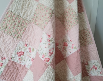 Handmade Baby Girl Quilt: Blush Pink Linen Colors Floral Patchwork - Heirloom Keepsake