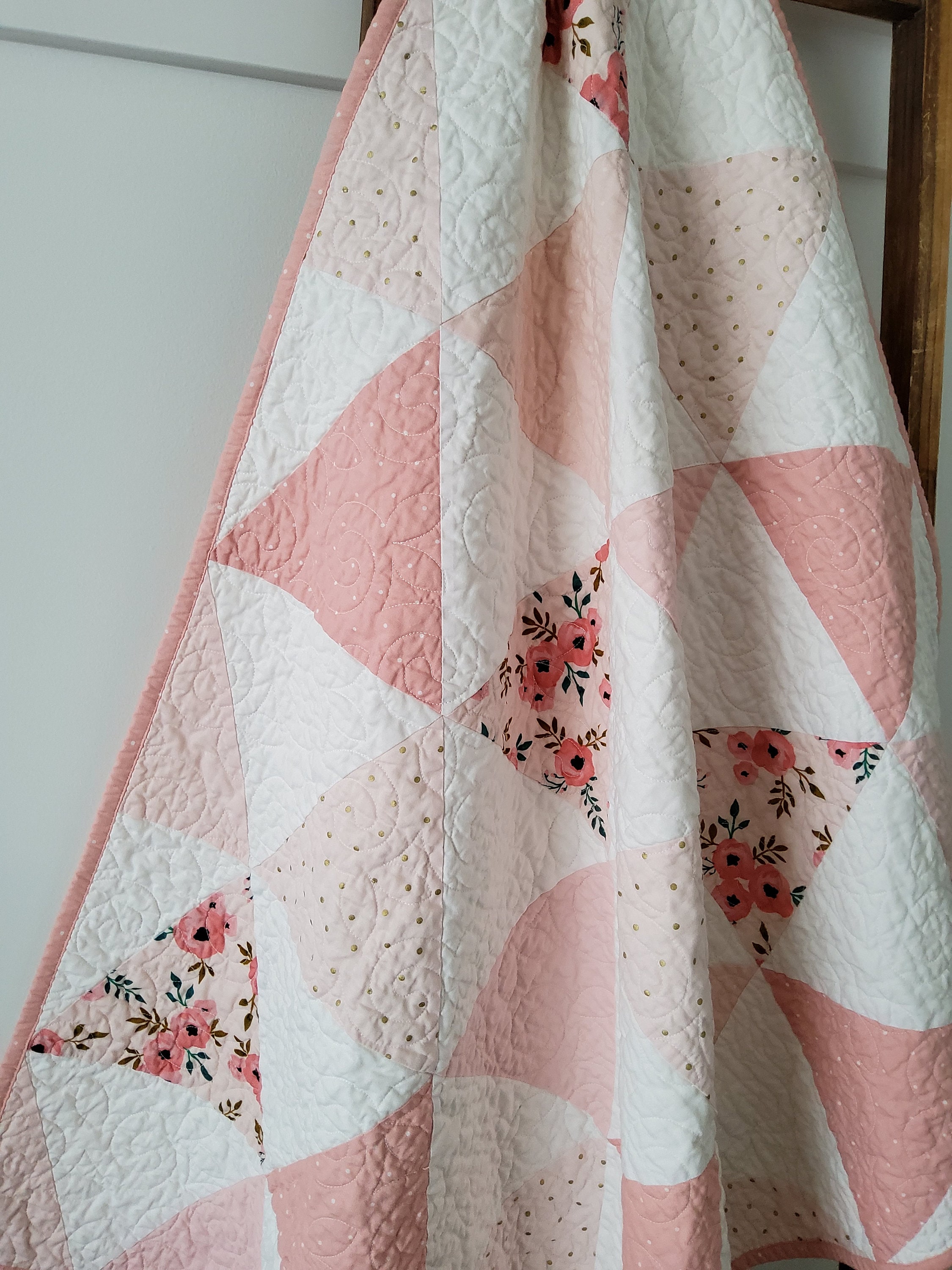 Floral Baby Girl Quilt Handmade Patchwork in a Triangle Design Modern Farmhouse Style With Pink Floral Polkadot Fabrics Nursery Decor Etsy Canada