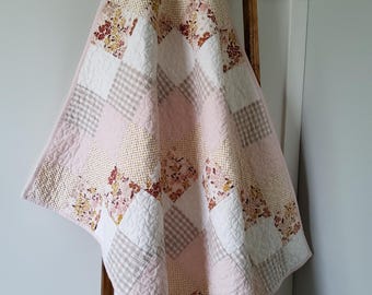 Handmade Floral Patchwork Baby Quilt: Blush & Gold, Boho Nursery Decor