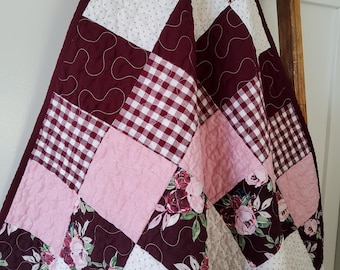 Handmade Baby Quilt: Wine color, floral, pink - Cotton Heirloom Keepsake