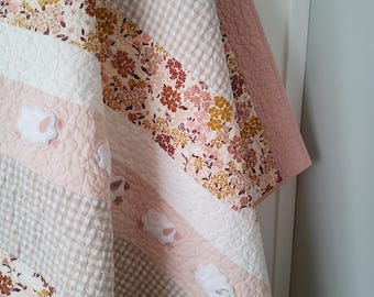 Handmade Pink Baby Quilt: Floral & Taupe Appliqued Fleece Sheep, Cotton Heirloom Keepsake