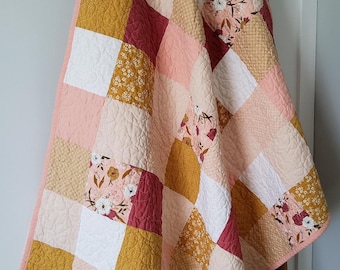 Handmade Quilt: Cotton Patchwork in Terracotta, pink, peach, yellow colors - Heirloom Keepsake