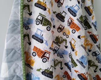 Construction Baby Quilt: Handmade Rustic Colors Construction Trucks Quilted Blanket - Minky Back