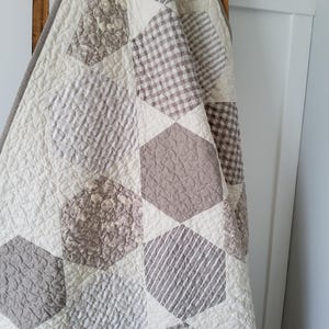 Handmade Heirloom Quilt: Noah's Ark Hexagon Patchwork, 100% Cotton, Neutral Colors