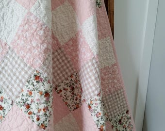 Blush Baby Girl Quilt: Handmade Gingham Patchwork - Quilted Blanket - Heirloom Keepsake