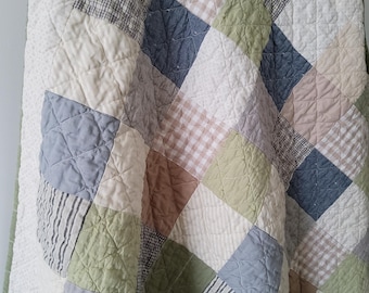 Handmade Baby Boy Quilt: Green Blue Gray Classic Patchwork - Quilted Blanket - Heirloom Keepsake