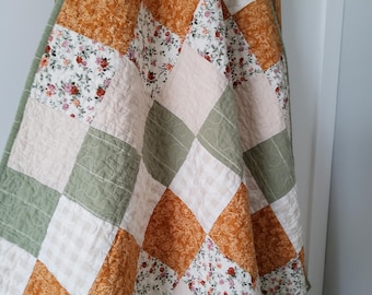 Green & Gold Baby Girl Quilt: Handemade 100% Cotton Patchwork Quilted Blanket, Heirloom Keepsake