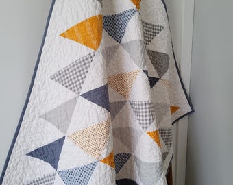 Handmade Baby Boy Quilt: Blue and Yellow Patchwork Quilt - Cotton Heirloom Keepsake