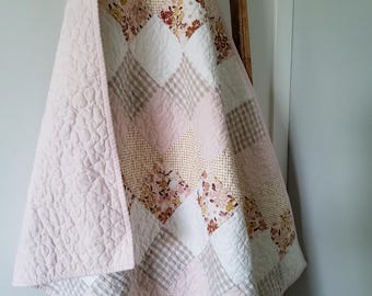Handmade Floral Patchwork Baby Quilt: Blush & Gold, Boho Nursery Decor