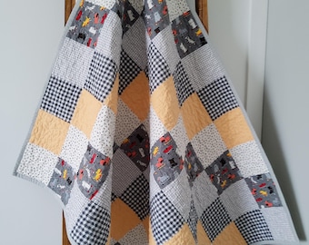 Pupppy Dogs Baby Quilt: Handmade Gray & Yellow Patchwork - 100% Cotton Quilt - Heirloom Keepsake