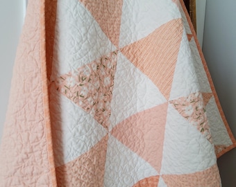 Peach Floral Baby Quilt: Handmade Pieced Quilted Blanket, Heirloom Keepsake