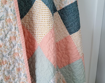Squirrel Baby Quilt: Handmade 100% Cotton - Teal, peach, green - Heirloom Keepsake