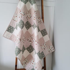 Handmade Floral Patchwork Baby Quilt: Sage Green & Taupe, Heirloom Keepsake