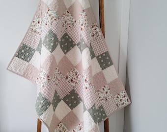 Handmade Floral Patchwork Baby Quilt: Sage Green & Taupe, Heirloom Keepsake