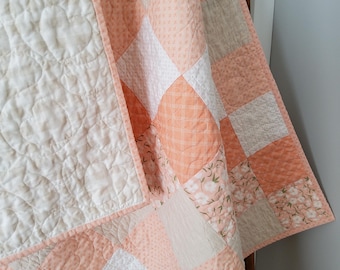 Handmade Peach & Cream Patchwork Baby Girl Quilt: 100% Cotton Heirloom Gift