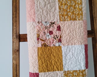 Handmade Baby Girl Quilt: Cotton Patchwork in Terracotta, pink, peach, yellow colors - Heirloom Keepsake