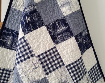 Nautical Baby Boy Quilt: Handmade Navy Chambray Patchwork 100% Cotton, Heirloom Keepsake