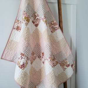 Handmade Floral Patchwork Baby Quilt: Blush & Gold 100% Cotton, Boho Nursery Decor