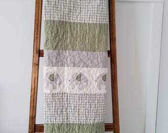 Handmade Baby Boy Quilt: Elephant Appliqué, Sage Green & Gray, Heirloom Keepsake