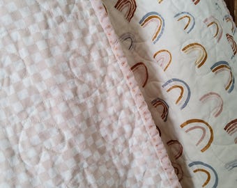 Boho Rainbow Baby Girl Quilt: Handmade, Blush & Rustic Rainbow, Heirloom Keepsake