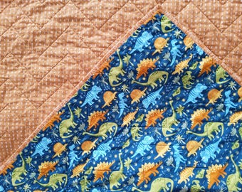Dinosaur Baby Boy Quilt - Handmade - Colorful Dinos - Gold back -Heirloom keepsake