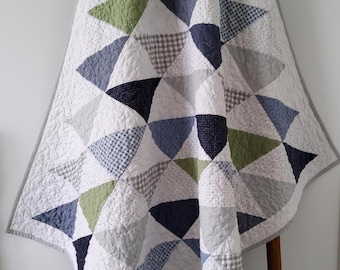 Baby Quilt for Boy - Handmade Navy & Green Patchwork - Heirloom Keepsake
