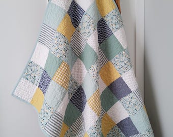Handmade Baby Girl Quilt: Pieced Patchwork Quilted Blanket, Yellow & Green, Heirloom Keepsake