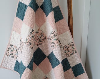 Handmade Baby Girl Quilt: Teal Peach & Floral Patchwork Quilt - Heirloom Keepsake