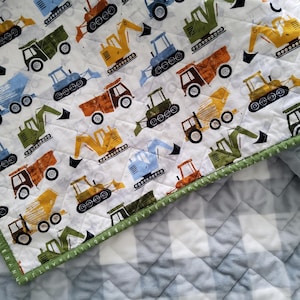 Construction Trucks Baby Boy Quilt: Toddler Quilted Blanket - Cotton front, Minky Back (43x50) inches