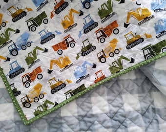 Construction Trucks Baby Boy Quilt: Toddler Quilted Blanket - Cotton front, Minky Back (43x50) inches