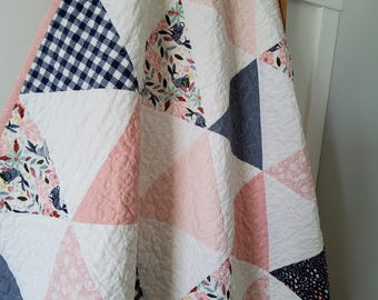 Baby Girl Quilt: Handmade Patchwork with Bunnies and Floral - Pink and Navy - Heirloom Keepsake
