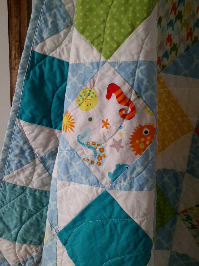 Ready to Ship Seahorses Jellyfish Handmade Baby Quilt Octopus Ocean Baby Boy Quilt for Sale
