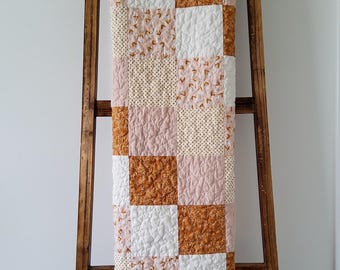 Handmade Patchwork Baby Quilt: Mustard & Blush 100% Cotton Boho Nursery Decor, Heirloom Keepsake