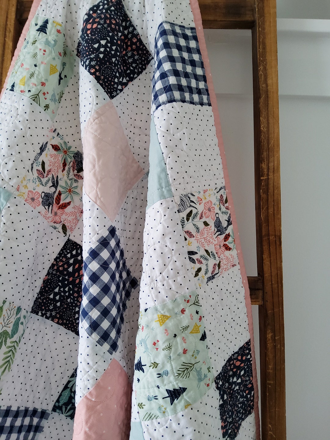 Handmade Baby Girl Quilt Patchwork Quilt With Woodland Floral and Rabbits Pink Navy Green Etsy Canada