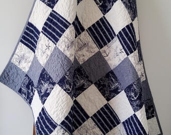 Baby Quilt for Boy - Handmade - Navy Nautical Prints - Heirloom Keepsake