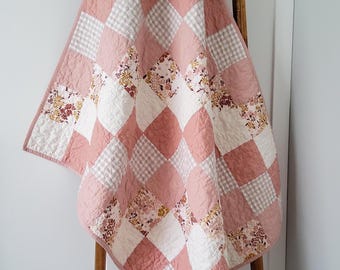 Boho Baby Girl Quilt - Handmade - Floral, Pink, Taupe and Rose Colors with Floral & Gingham