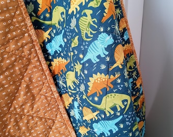 Dinosaur Baby Quilt - Handmade Quilted Blanket - Teal and Gold -Toddler size - Heirloom Keepsake