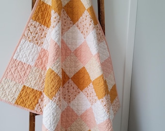 Handmade Baby Girl Quilt:  Boho Peach and Gold Patchwork - Heirloom Keepsake
