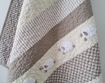 Handmade Sheep or Bears Baby Quilt: Neutral Nursery Decor Heirloom