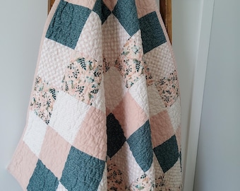 Handmade Baby Girl Quilt: Teal Peach & Floral Patchwork Quilt - Heirloom Keepsake
