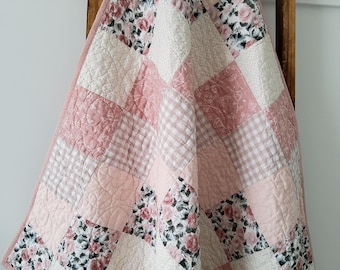 Roses Baby Girl Quilt - Handmade with Pink Roses Floral Patchwork - Quilted Blanket
