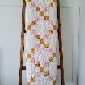 Handmade Baby Girl Quilt: Pink & Gold Patchwork Daisy Print, Heirloom Keepsake
