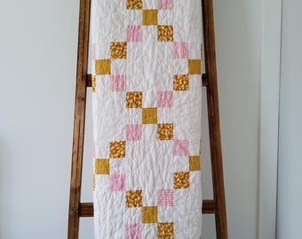 Handmade Baby Girl Quilt: Pink & Gold Patchwork Daisy Print, Heirloom Keepsake