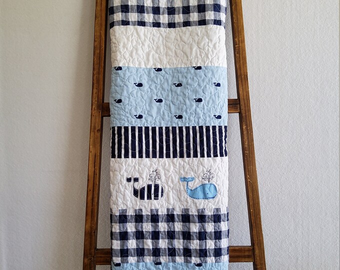 Whale Baby Boy Quilt, Handmade, Nautical With Whales Applique and Hand