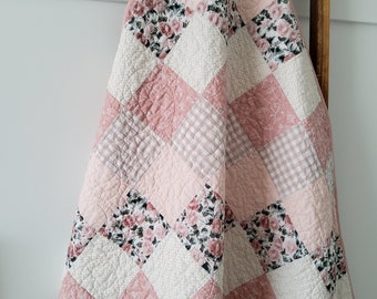 Baby Girl Quilt - Handmade - Floral, Pink, Beige and Blush Colors with Gingham & Roses